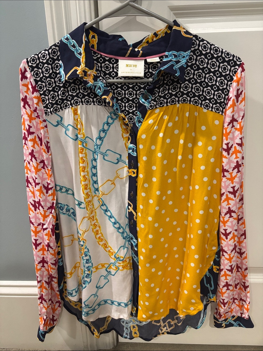Maeve Multi-Print Button-Down Blouse - Yellow, Navy, White, Pink